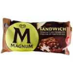 שטראוס-מגנום סנדוויץ'-Magnum Sandwich: גלידה בשומן צמחי בטעם וניל עם ביסקוויטים בציפוי חלקי של שוקולד חלב מעולה ושקדים