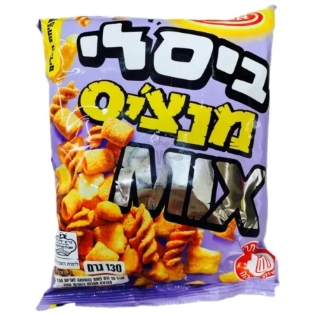 אסם - ביסלי מנצ'יס Mix: חטיף חיטה בטעם גריל וברביקיו בתוספת חטיפי אורז ופיצוחים מתובלים