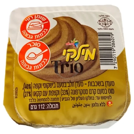 שטראוס - מילקי Trio טירמיסו: מעדן חלב בטעם בישקוטי וקפה, מוס בטעם מסקרפונה וקצפת עם קקאו